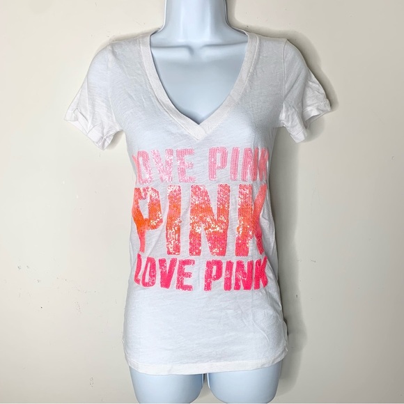Pink Victoria’s Secret Sequin Letter T-shirt Short sleeve Y2K 2000s White XS - Picture 9 of 12